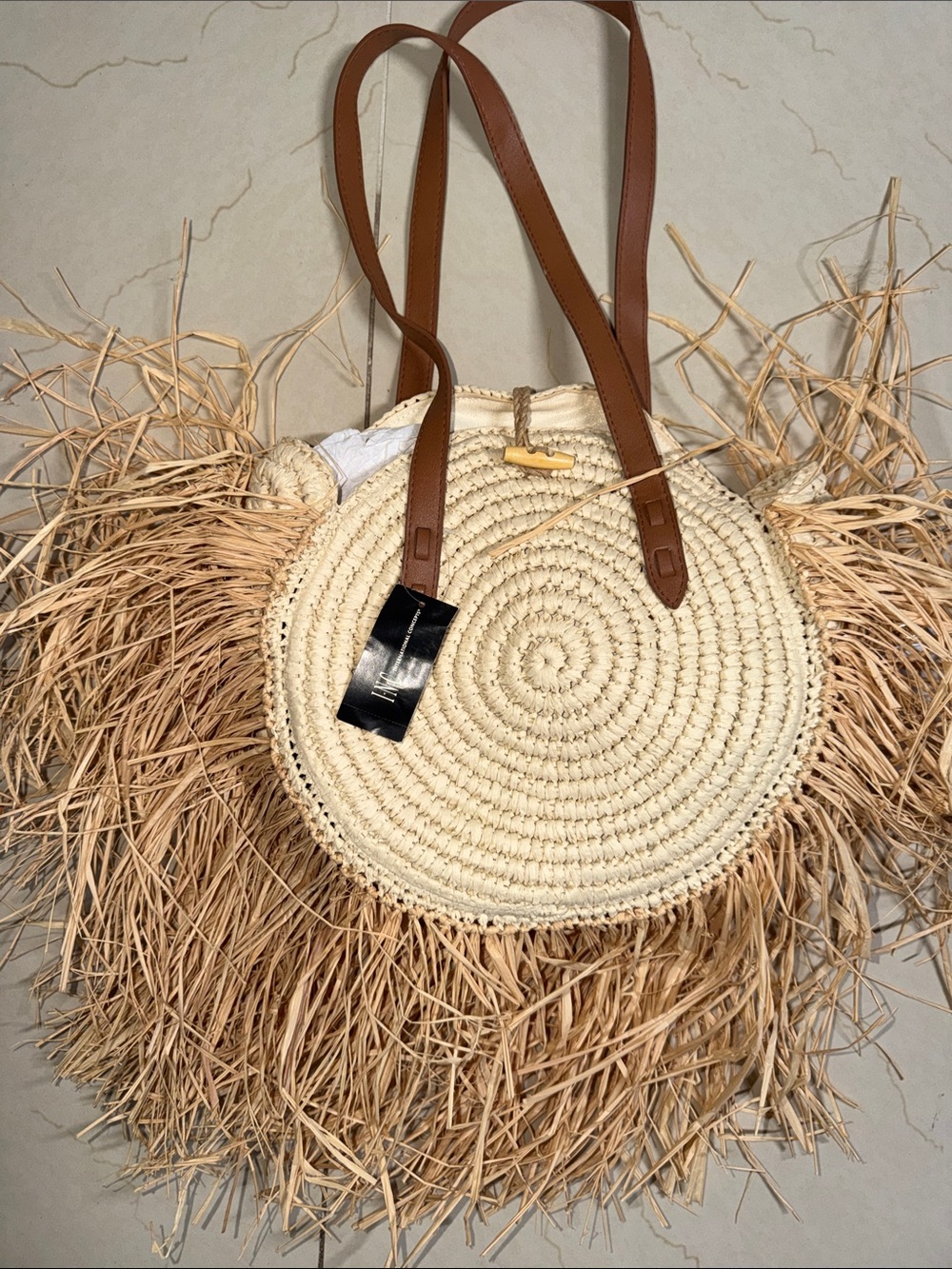 INC International Concepts Cream Straw Round Tote with Brown Shoulder Straps